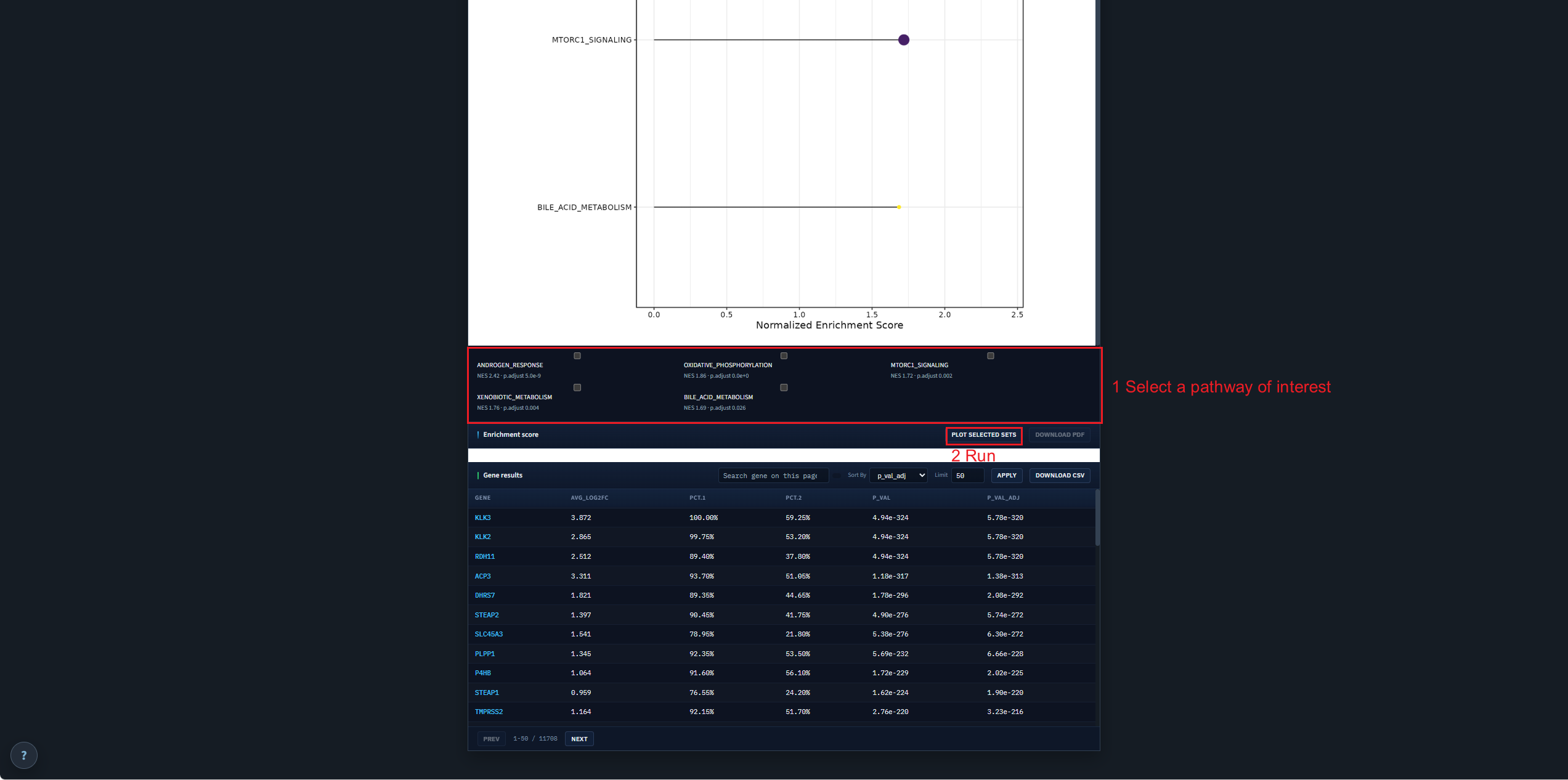 GSEA results with pathway selection and plot marked