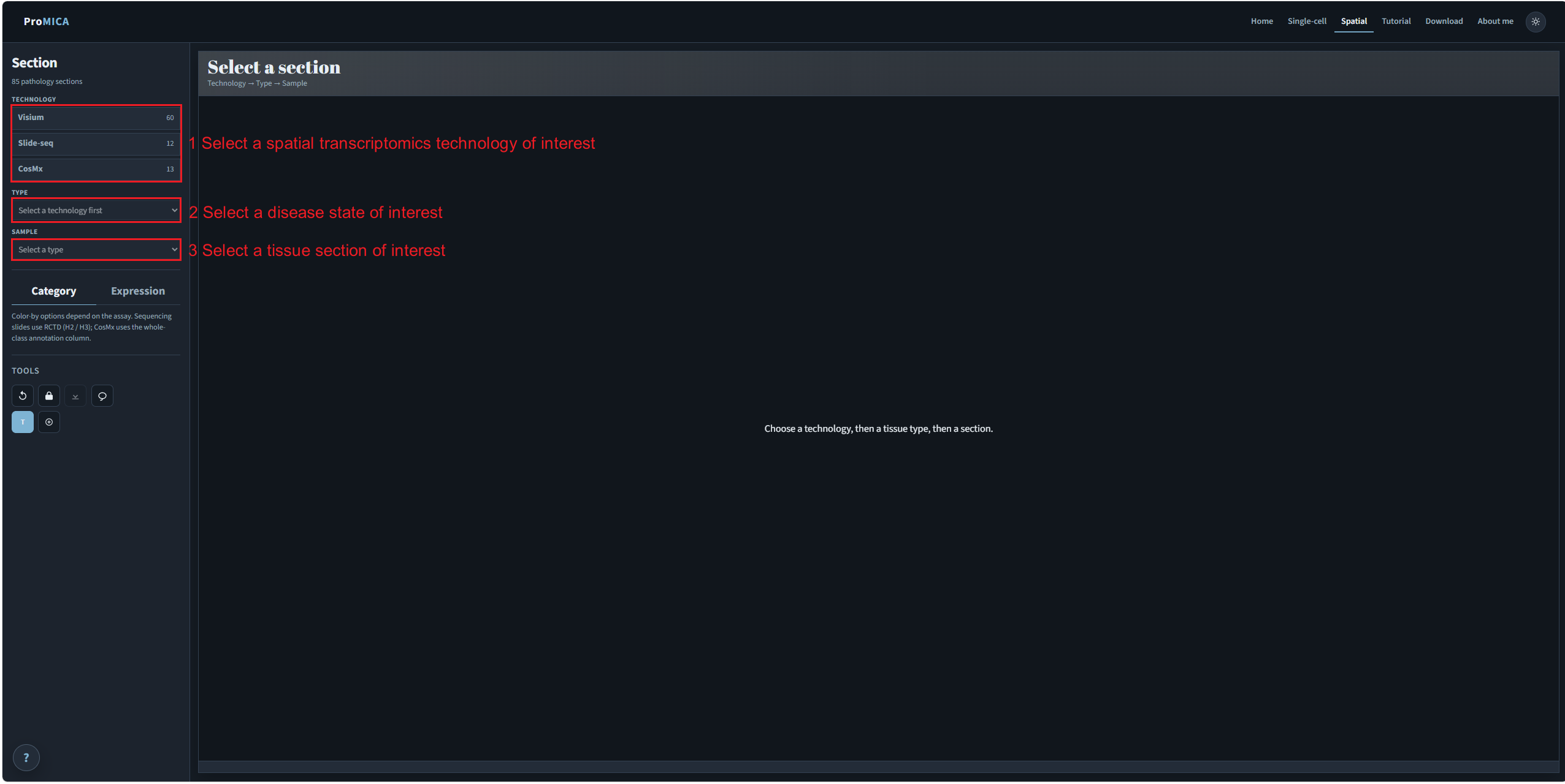 Spatial explorer with technology, type, and sample selectors marked